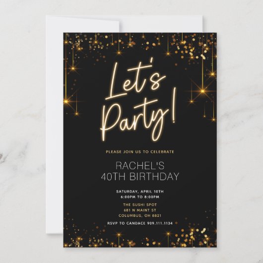 Invitation Black and Gold Sparkle Anniversaire Dîner Invitati (Devant)