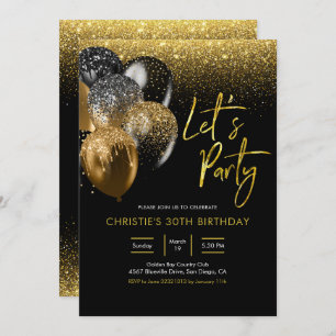 Invitation Black and Gold Sparkling Faisons la fête Invitatio