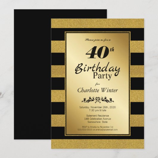 Invitation Black and Gold Stripes 40e anniversaire fête (Devant / Derrière)