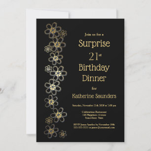 Invitation Black and Gold Surprise 21e anniversaire Diner Par