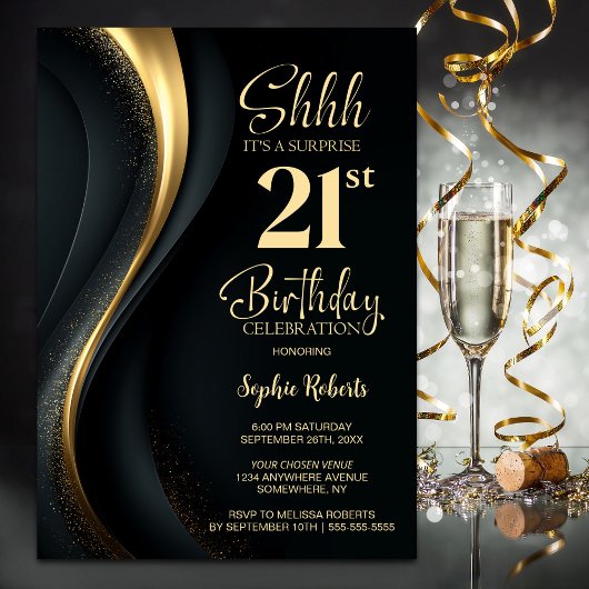 Invitation Black and Gold Surprise 21st Birthday Party