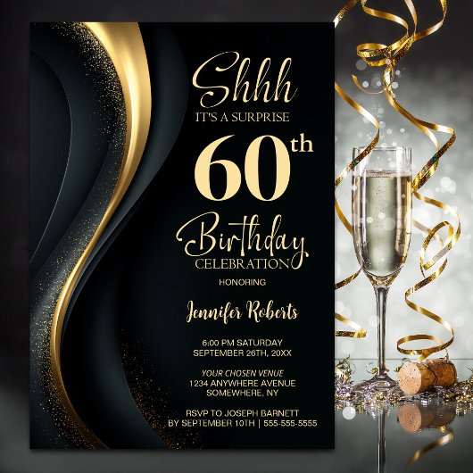 Invitation Black and Gold Surprise 60th Birthday Party