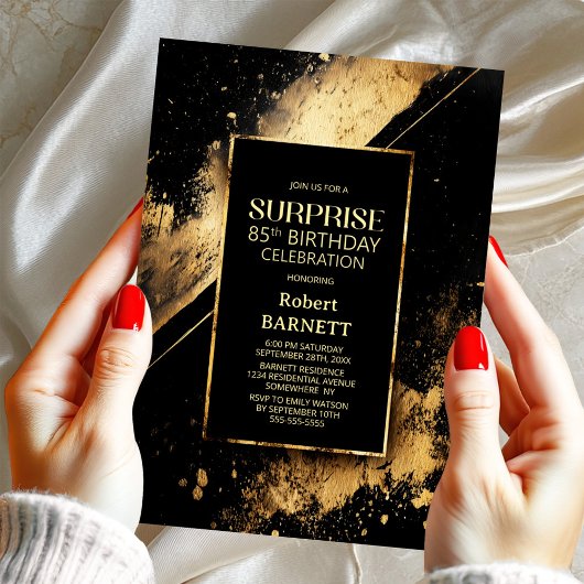 Invitation Black and Gold Surprise 85e fête d'anniversaire