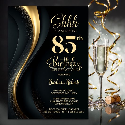 Invitation Black and Gold Surprise 85th Birthday Party