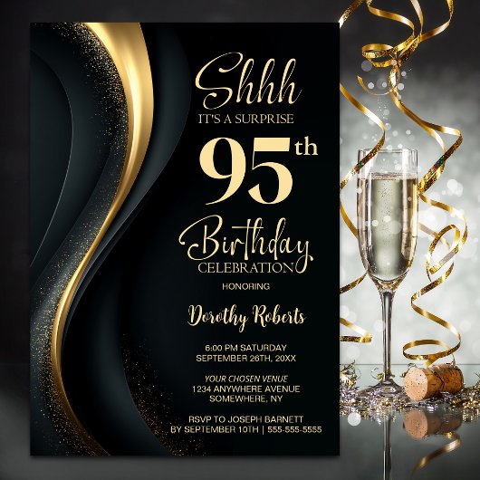 Invitation Black and Gold Surprise 95th Birthday Party