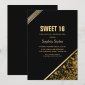 Invitation Black and Gold Sweet 16 Anniversaire (Devant / Derrière)
