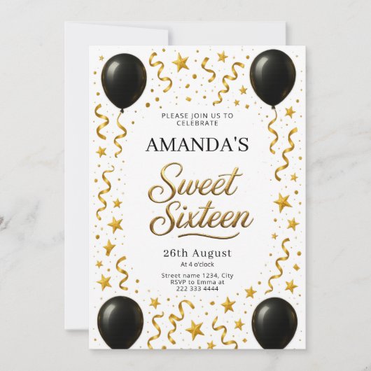 Invitation Black and Gold Sweet 16 Birthday Party (Devant)