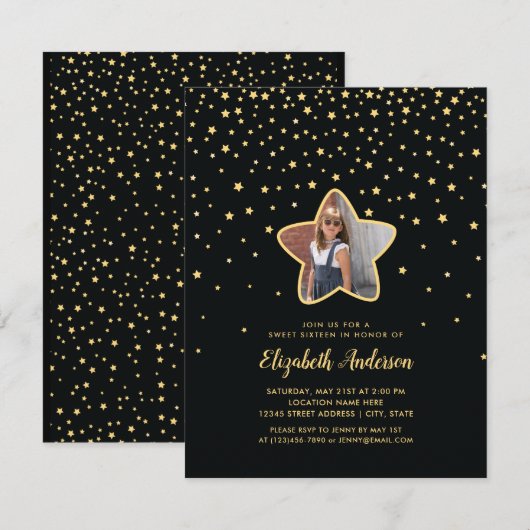 Invitation Black and Gold Sweet 16 Superstar Photo Anniversai (Devant / Derrière)