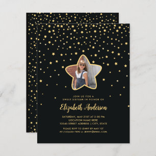 Invitation Black and Gold Sweet 16 Superstar Photo Anniversai