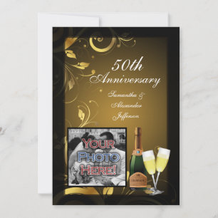 Invitation Black and Gold Swirl Photo 50th Anniversary Party