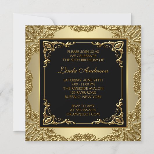 Invitation Black and Gold Womans 50e fête d'anniversaire (Dos)