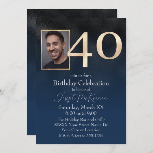 Invitation Black and Navy Blue 40e anniversaire (Devant / Derrière)