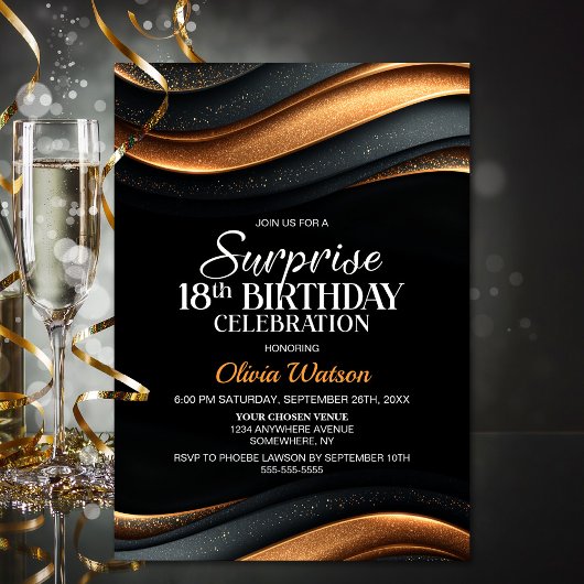 Invitation Black and Orange Surprise 18th Birthday Party