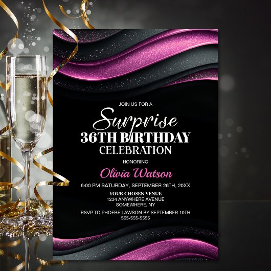 Invitation Black and Pink Any Age Surprise Birthday