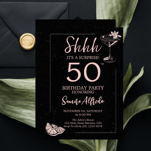 Invitation Black and Pink Modern Surprise 50e anniversaire fê