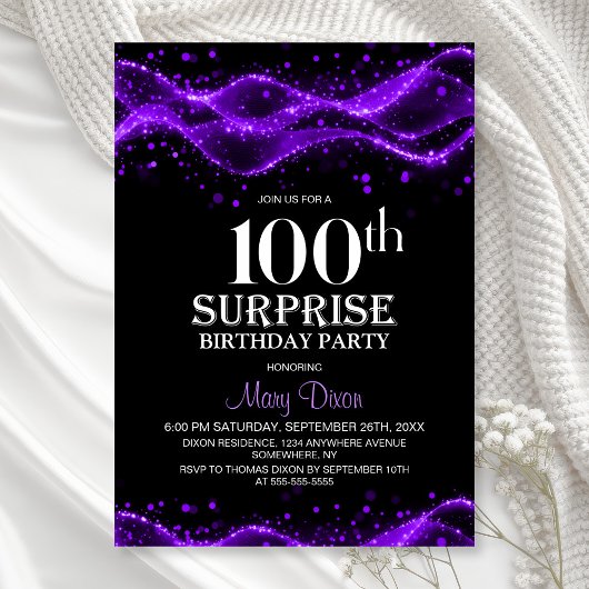 Invitation Black and Purple Surprise 100e fête d'anniversaire