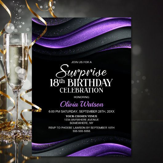 Invitation Black and Purple Surprise 18th Birthday Party