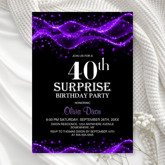 Invitation Black and Purple Surprise 40th Birthday Party