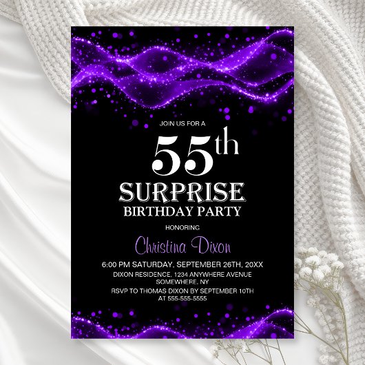 Invitation Black and Purple Surprise 55th Birthday Party