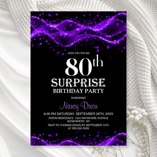 Invitation Black and Purple Surprise 80th Birthday Party