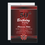 Invitation Black and Red 50th Birthday Party<br><div class="desc">Une invitation à la fête du 50e anniversaire rouge et noir avec un texte blanc et un ruban rouge et blanc et un arc. Remplacez les détails de cette invitation par les vôtres pour créer l'invitation parfaite de fête d'anniversaire pour votre événement.</div>
