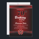 Invitation Black and Red 70th Birthday Party<br><div class="desc">Une invitation à la fête du 70e anniversaire rouge et noir avec un texte blanc et un ruban rouge et blanc et un arc. Remplacez les détails de cette invitation par les vôtres pour créer l'invitation parfaite de fête d'anniversaire pour votre événement.</div>