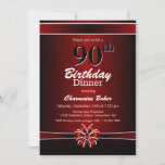 Invitation Black and Red 90th Birthday Dinner Party<br><div class="desc">Une invitation à dîner rouge et noir de 90ème anniversaire avec un texte blanc et un ruban rouge et blanc et arc. Remplacez les détails de cette invitation par les vôtres pour créer l'invitation parfaite de fête d'anniversaire pour votre événement.</div>