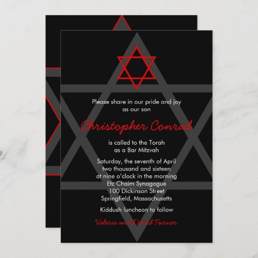 Invitation Black and Red Bar Mitzvah (Devant / Derrière)