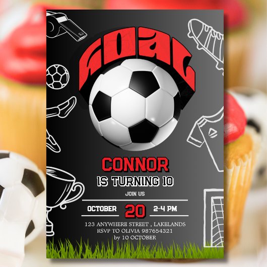 Invitation Black and Red Soccer Ball Birthday Party