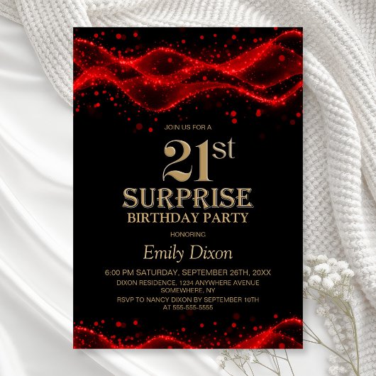 Invitation Black and Red Surprise 21st Birthday Party