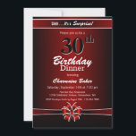 Invitation Black and Red Surprise 30th Birthday Dinner Party<br><div class="desc">Une vif surprise rouge et noir à 30e anniversaire invitation dîner avec texte blanc et un ruban rouge et blanc et arc. Remplacez les détails de cette invitation par les vôtres pour créer l'invitation de fête d'anniversaire parfaite pour votre événement.</div>