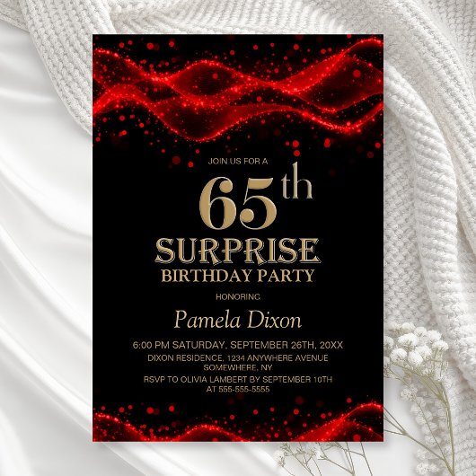 Invitation Black and Red Surprise 65e fête d'anniversaire