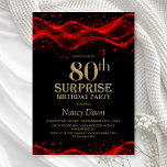 Invitation Black and Red Surprise 80th Birthday Party<br><div class="desc">Cette invitation de 80e anniversaire moderne aux couleurs noir et rouge a été conçue pour préparer le terrain à une célébration vraiment mémorable. Les modèles de texte personnalisables vous permettent d'ajouter facilement le nom de l'invité honoré, les détails de la fête secrète et le lieu. Votre être aimé sera dans...</div>