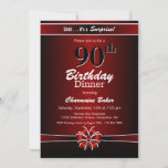 Invitation Black and Red Surprise 90th Birthday Dinner Party<br><div class="desc">Une vif surprise rouge et noir 90e anniversaire invitation dîner avec texte blanc et un ruban rouge et blanc et arc. Remplacez les détails de cette invitation par les vôtres pour créer l'invitation de fête d'anniversaire parfaite pour votre événement.</div>