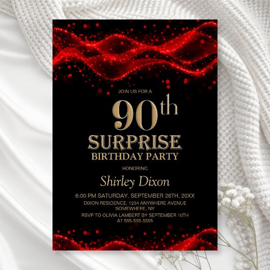Invitation Black and Red Surprise 90th Birthday Party