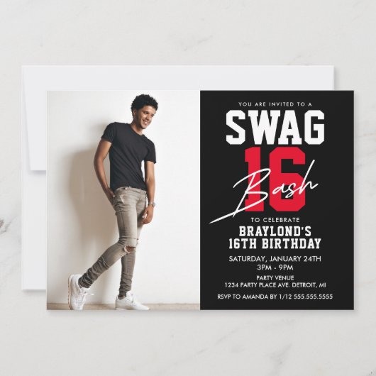Invitation Black and Red Swag 16 Anniversaire (Devant)