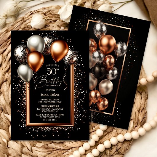 Invitation Black and Rose Gold Balloons 50e fête d'anniversai