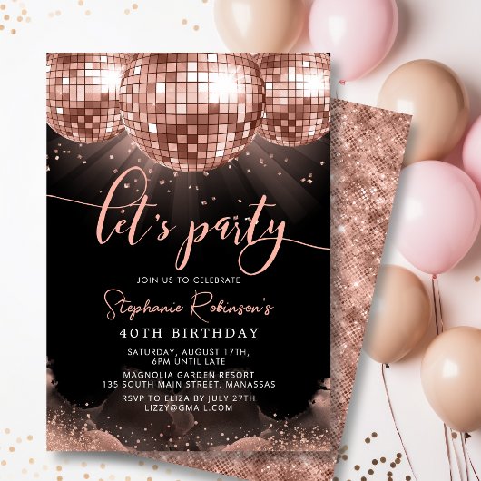 Invitation Black and Rose Gold Disco Ball 40e fête d'annivers