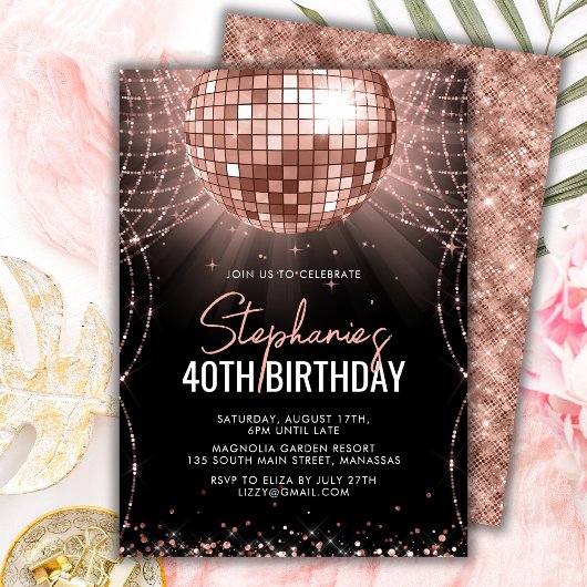 Invitation Black and Rose Gold Disco Ball 40e fête d'annivers