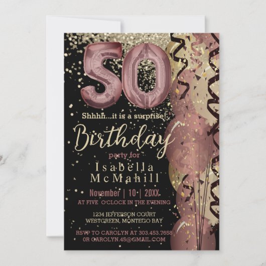 Invitation Black and Rose Gold Parties scintillant 50e annive (Devant)