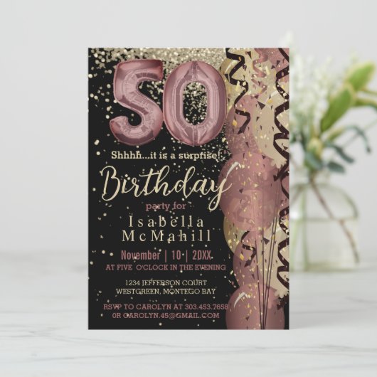 Invitation Black and Rose Gold Parties scintillant 50e annive (Debout devant)