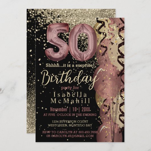 Invitation Black and Rose Gold Parties scintillant 50e annive (Devant / Derrière)