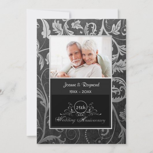 Invitation Black and Silver Damask 25e anniversaire de Mariag (Devant)