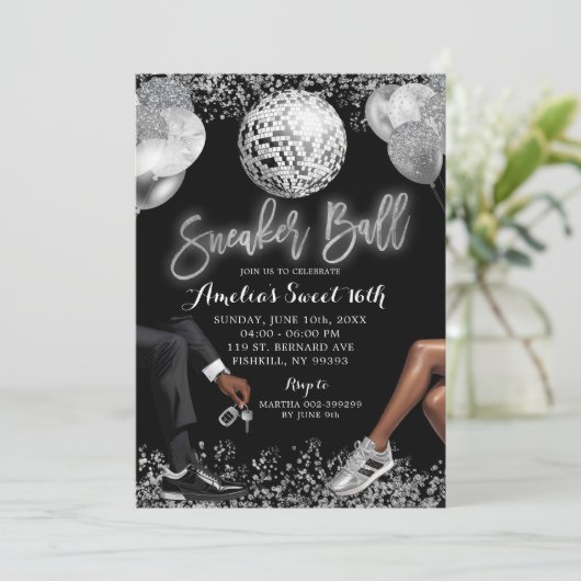 Invitation Black and Silver Disco Sneaker Ball Birthday (Debout devant)