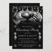 Invitation Black and Silver Glitter Baubles Christmas Party (Devant / Derrière)