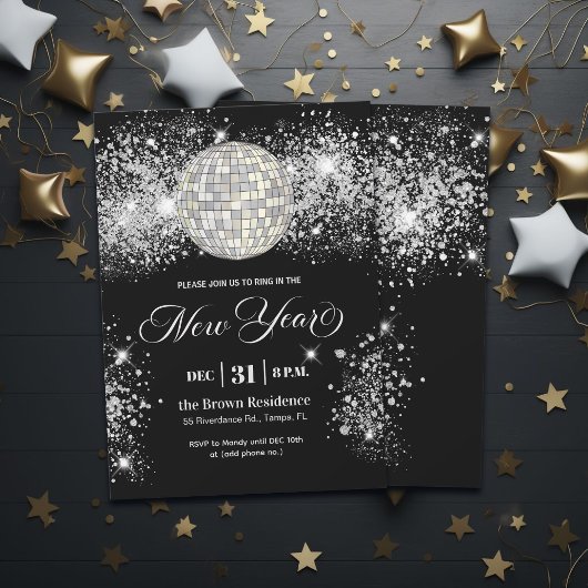 Invitation Black and Silver Glitter New Year's Eve Party