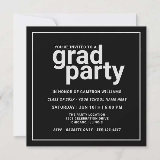 Invitation Black and Silver Grey Moderne de base Grad Party (Devant)