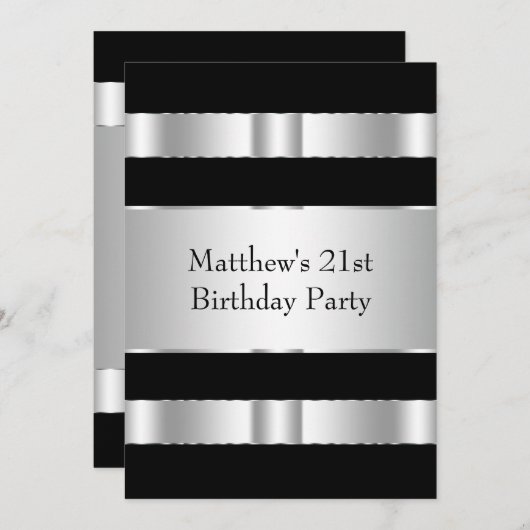 Invitation Black and Silver Mans 21e fête d'anniversaire (Devant / Derrière)