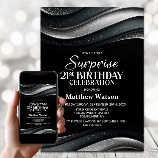 Invitation Black and Silver Surprise 21st Birthday Party