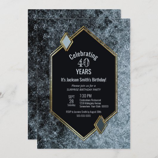 Invitation Black and Silver Surprise 40e anniversaire (Devant / Derrière)